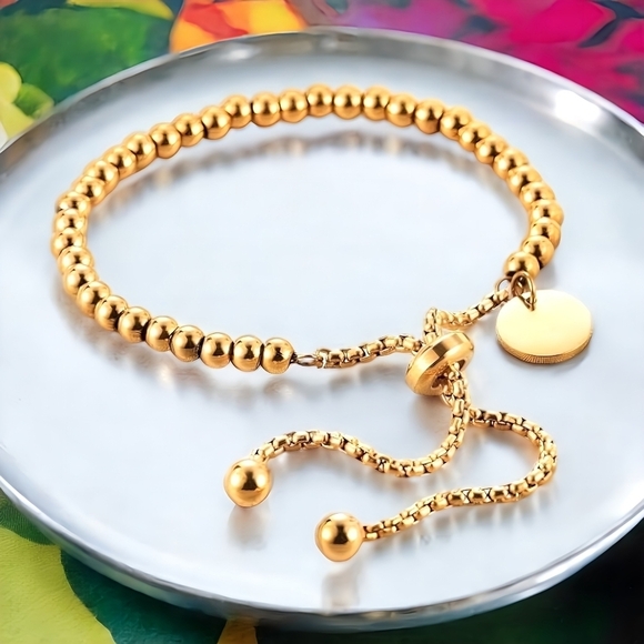 🆕️18K Gold Plated Adjustable Beaded Bracelet 🌟 Stainless Steel Charm Jewelry - Picture 6 of 12